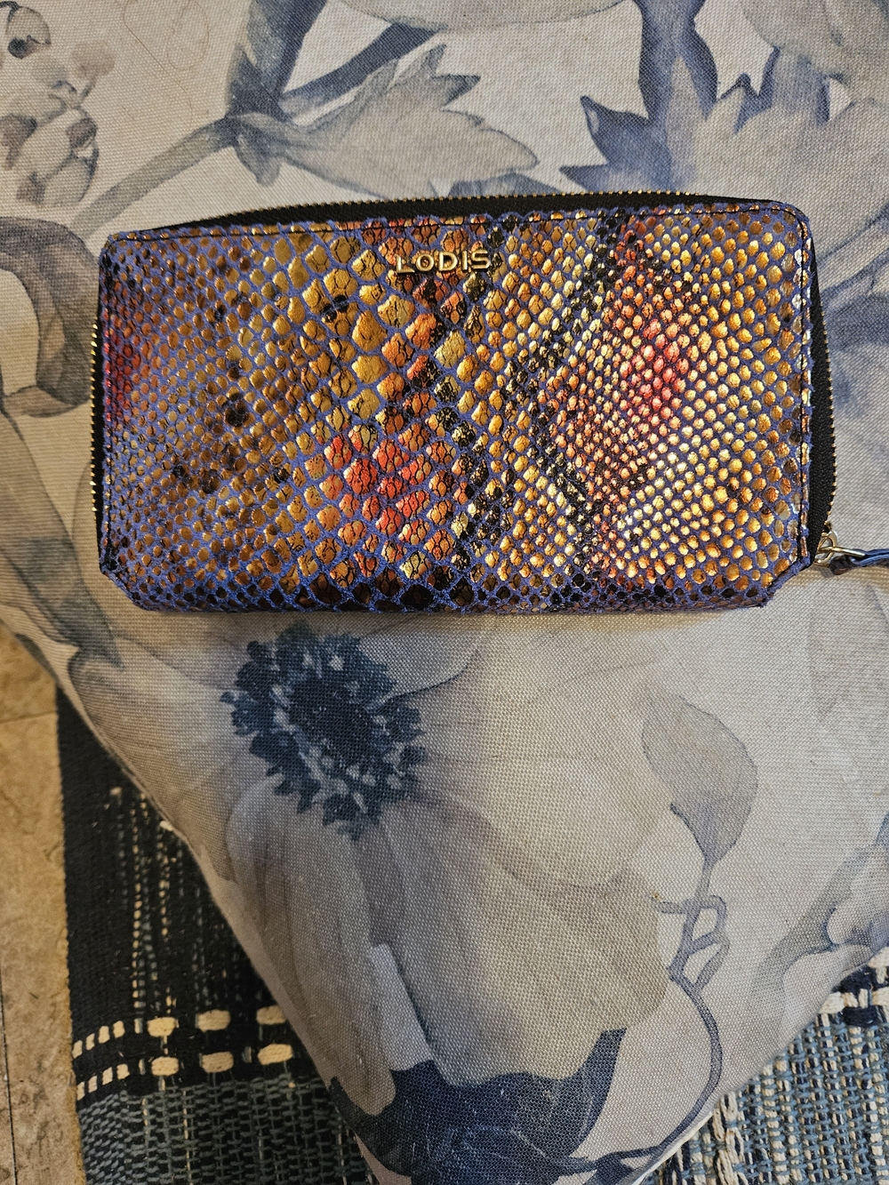 Lodis Snake-Embossed Zip Wallet in Blue, Orange & Gold